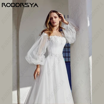 Свадебное платье принцессы RODDRSYA для женщин, иллюзионное свадебное платье на пуговицах сзади, кружевные аппликации, вечеринка для невесты, Длинные рукава, пляжный силуэт
