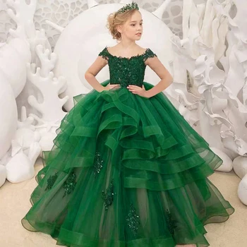 Платье цветочницы Зеленое Многослойное Свадебное платье из пушистого тюля, расшитое бисером, Элегантное платье для Первого Евхаристического торжества Маленького цветка