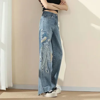 Летние Новые Расклешенные Широкие джинсы С высокой талией, женские Прямые брюки с вышивкой Феникса, Свободные Модные Облегающие Драпированные узкие брюки