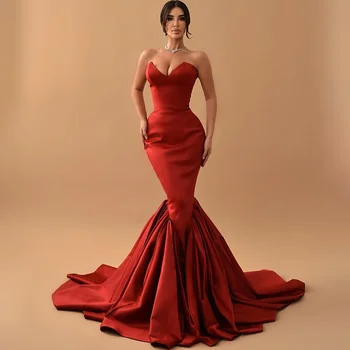 Вечерние платья Русалки красного цвета с V-образным вырезом, атласные вечерние вечеринки и официальные мероприятия в складку vestidos de fiesta elegantes para mujer