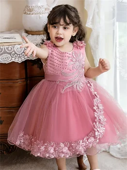 Платья для девочек в цветочек Розовое Пышное Свадебное платье с кружевной аппликацией из тюля и блесток, элегантное платье для первого причастия ребенка на День рождения в цветочек