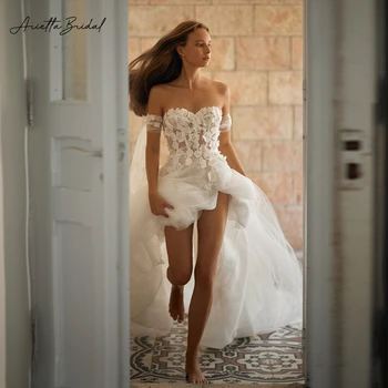 Пляжные свадебные платья Arietta из цветочного тюля с открытыми плечами, свадебные платья трапециевидной формы с 3D цветами, иллюзионные платья невесты с высоким разрезом
