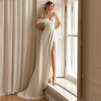 Мягкие атласные свадебные платья трапециевидной формы со складкой на вырезе лодочкой, без рукавов, с одним плечом, с высоким разрезом, со шлейфом для новобрачных Vestido De Novia