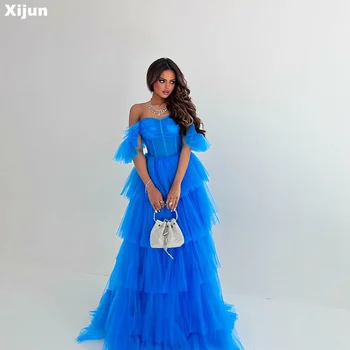 Выпускные платья Xijun Blue A-Line Ручной работы Элегантное многоуровневое вечернее платье из тюля для особых случаев Vestidos De Novia