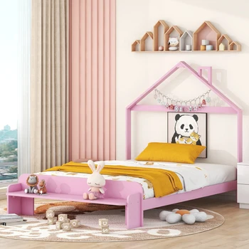 Кровать в форме Домика, Полноразмерная Деревянная кровать-платформа с Изголовьем в форме Домика и Скамейкой в изножье, удобная для детской спальни