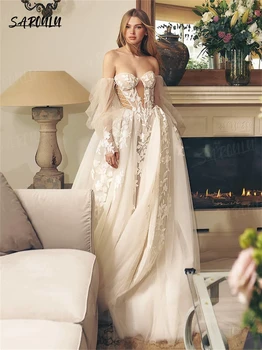 Свадебное платье в стиле бохо, плиссированные платья невесты крест-накрест, Свадебное платье Robe De Mariée С цветочными аппликациями, свадебное платье со съемными пышными рукавами.