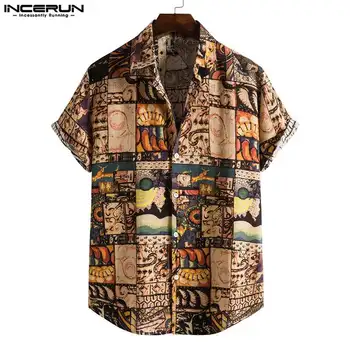 INCERUN Мужская повседневная рубашка с принтом Винтажный лацкан С коротким рукавом Мужская одежда в этническом стиле Уличная одежда для отдыха 2023 Гавайские рубашки