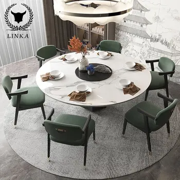 Круглый стол на китайской каменной плите, современный светлый роскошный стол и стул из массива дерева, высококачественная мебель