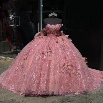 Блестящий Тюль С блестками, 15-Летние Пышные платья 2023, Розовые аппликации, Вечернее платье в виде Сердечка, Длина до пола