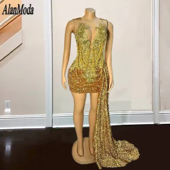 Женское платье с золотыми блестками, украшенное хрустальными кисточками, Короткие платья для выпускного вечера со шлейфом для черных девушек, праздничное платье Gala