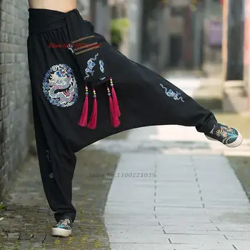 2023 шаровары с вышивкой китайского дракона, женские национальные винтажные хлопчатобумажные льняные шаровары с этническими кисточками, мешковатые брюки