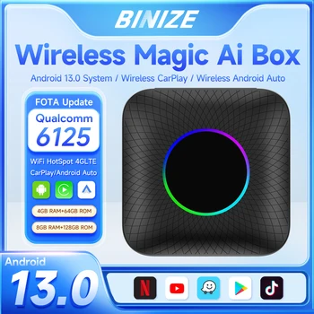 Binize Android 13 CarPlay Ai Box Беспроводной Android Auto Netflix Iptv Youtube QCM6125 665 8-Ядерный 4G LTE Plug & Play FOTA Upgrade