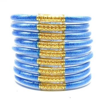 9 шт./компл., Желеобразный силиконовый браслет с синими блестками, легкий для женщин, девочек, Набор наращиваемых браслетов, Ювелирный подарок