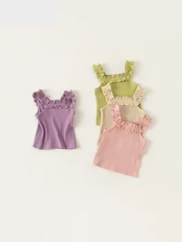 Детская одежда, новая однотонная жилетка без рукавов для девочек, футболка, милые обтягивающие топы с короткими рукавами от 1 до 7 лет