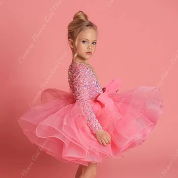 Розовое блестящее платье для девочки в цветочек, многослойное праздничное платье, пышные платья для девочек-принцесс, Блестящие роскошные платья для Дня рождения, Первого причастия.