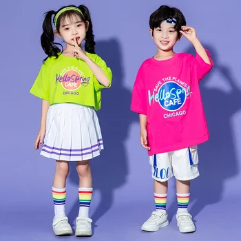 Голубая футболка в стиле хип-хоп для девочек, уличные танцы, Футболки с надписями для мальчиков, Шорты, комплекты одежды, детская летняя классная одежда, детские костюмы