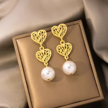 Новые Полые Золотые Двухслойные серьги с жемчугом в виде сердца для женщин, Трендовые украшения для вечеринок, подарок подруге Oorbellen