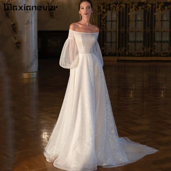 Maxianeve, элегантные свадебные платья с вырезом лодочкой, блестящее стильное платье невесты из тюля с длинным рукавом, Vestidos Robe de mariée