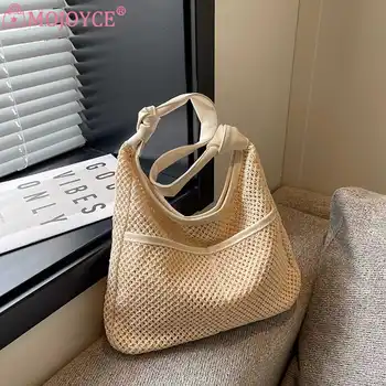 Женская сумка-тоут из искусственной ткани ручной работы с маленькой сумкой в виде полумесяца, простая летняя тканая сумка большой емкости