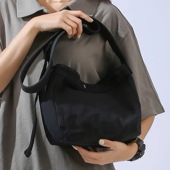 Женская черная ретро-сумка через плечо, экологичная женская сумка для покупок из холста среднего размера, простые портативные женские качественные сумки через плечо