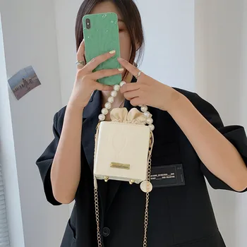 Минималистичная коробка, мини-женская сумка 2023, летняя новая сумка для девочек, жемчужная цепочка, сумка через плечо в западном стиле