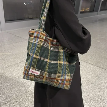 Женская сумка-тоут, шерстяные сумки для покупок через плечо, женские сумки для покупок большой емкости, осень-зима, новая мягкая клетчатая женская дизайнерская сумка для путешествий
