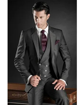Новые модные темно-серые мужские костюмы для свадьбы джентльмена, делового жениха, однотонные мужские костюмы-блейзеры, 3 предмета (куртка + брюки + жилет)