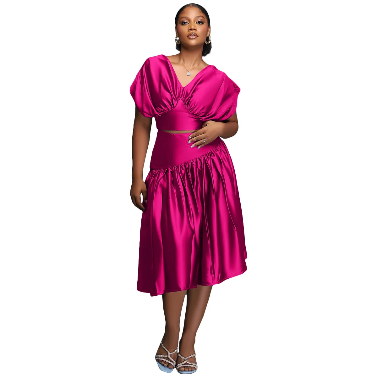 2023 Женская летняя одежда, однотонный V-образный вырез на молнии, плиссированная повседневная мода, приталенная юбка с коротким рукавом, комплект из двух предметов 1