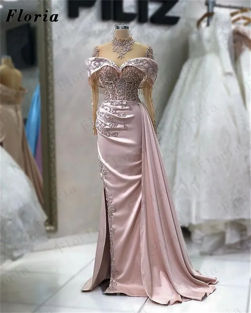 2023 Новейшие вечерние платья из розового бисера в Дубае, платье для выпускного вечера с высоким воротом, расшитое бисером на Ближнем Востоке, Элегантные платья для свадебной вечеринки в Дубае на заказ 2
