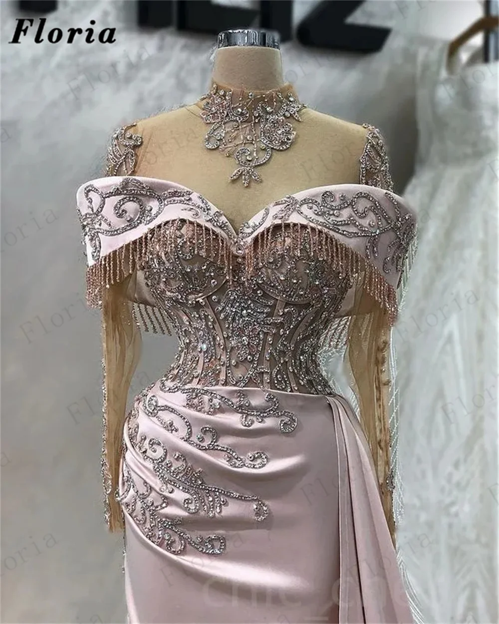 2023 Новейшие вечерние платья из розового бисера в Дубае, платье для выпускного вечера с высоким воротом, расшитое бисером на Ближнем Востоке, Элегантные платья для свадебной вечеринки в Дубае на заказ 3