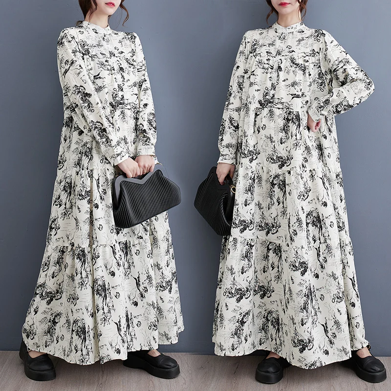 2023, Новое Свободное Осеннее платье в корейском стиле с цветочным принтом, Уличная мода, Женское Повседневное Весеннее Длинное платье-блузка 1
