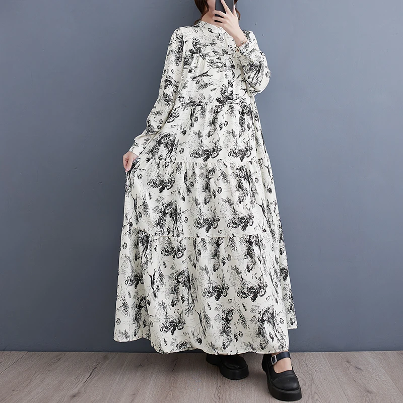 2023, Новое Свободное Осеннее платье в корейском стиле с цветочным принтом, Уличная мода, Женское Повседневное Весеннее Длинное платье-блузка 2