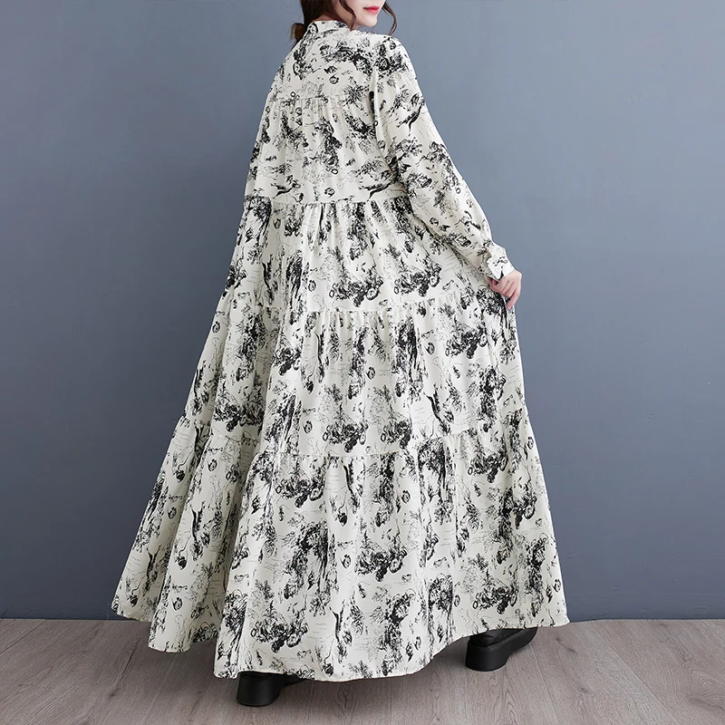 2023, Новое Свободное Осеннее платье в корейском стиле с цветочным принтом, Уличная мода, Женское Повседневное Весеннее Длинное платье-блузка 3