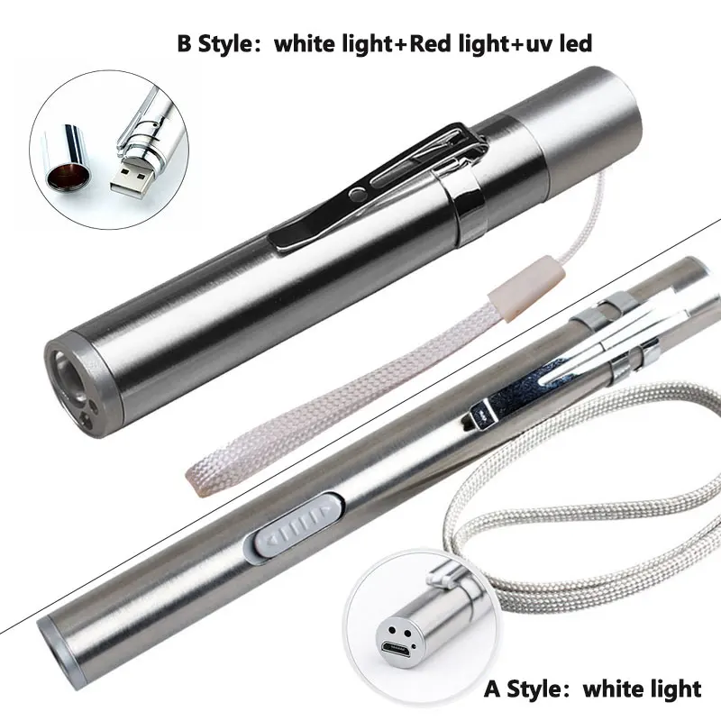 5ШТ Алюминиевый сплав Водонепроницаемый Заряжаемый через USB светодиодный фонарик Мощный перезаряжаемый фонарик Брелок Ручка Фонарик для врачей 1