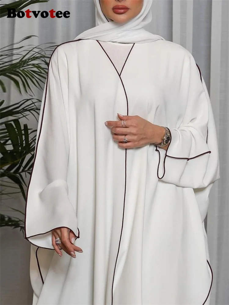 Botvotee Однотонное мусульманское платье Женское для женщин 2023, новые модные Элегантные повседневные платья с длинным рукавом и V-образным вырезом, шикарное платье 1