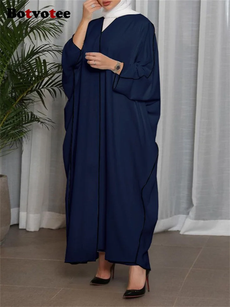 Botvotee Однотонное мусульманское платье Женское для женщин 2023, новые модные Элегантные повседневные платья с длинным рукавом и V-образным вырезом, шикарное платье 2