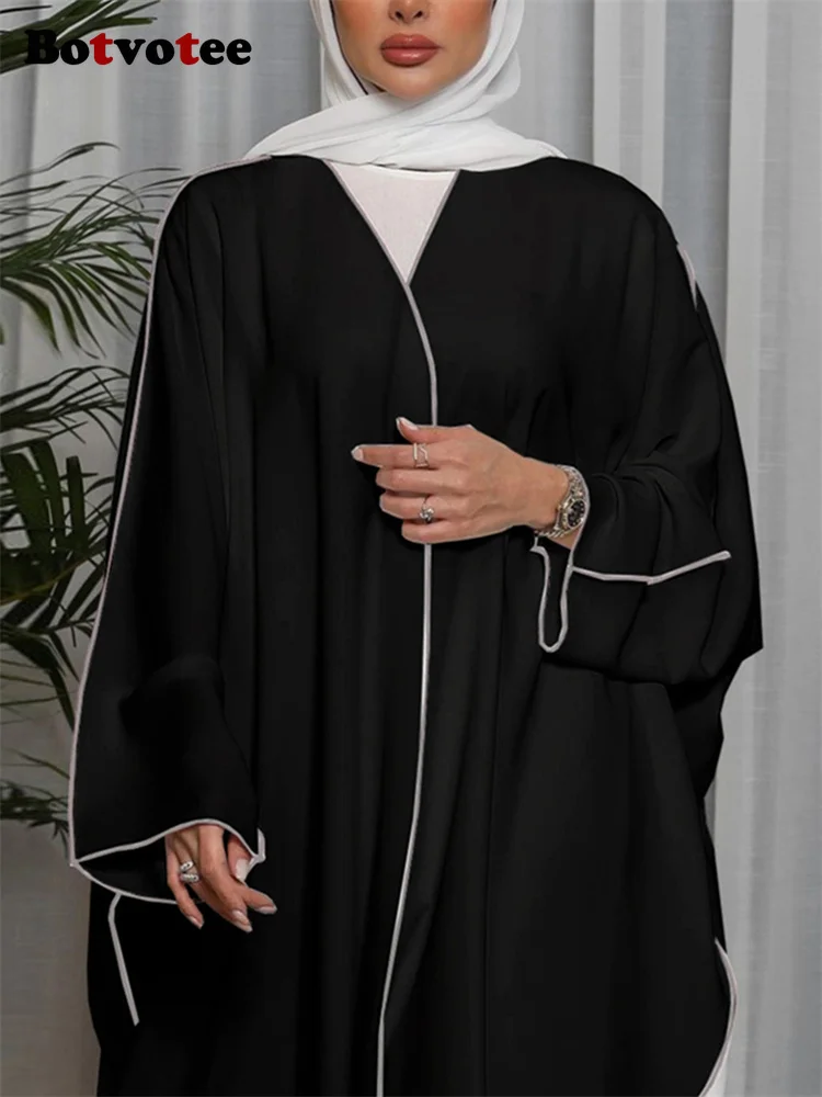 Botvotee Однотонное мусульманское платье Женское для женщин 2023, новые модные Элегантные повседневные платья с длинным рукавом и V-образным вырезом, шикарное платье 4