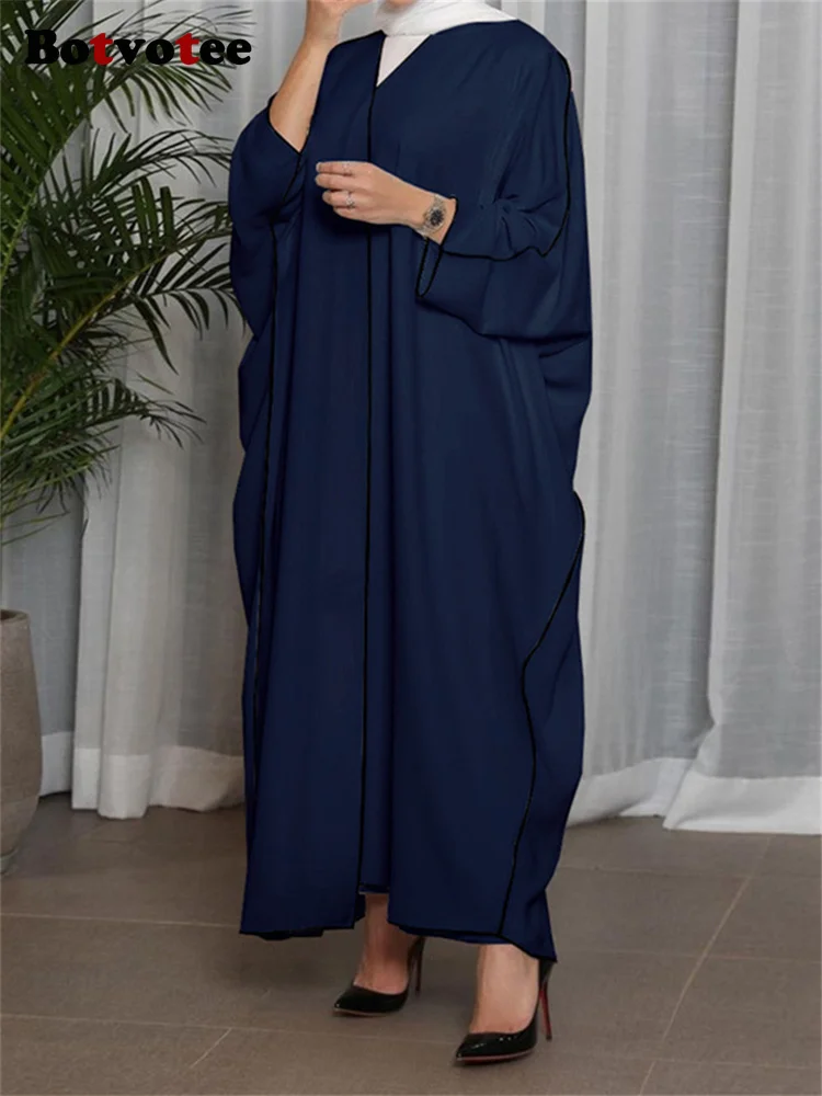 Botvotee Однотонное мусульманское платье Женское для женщин 2023, новые модные Элегантные повседневные платья с длинным рукавом и V-образным вырезом, шикарное платье 5