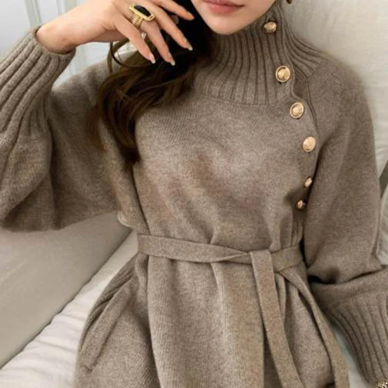 [EWQ] Корейская шикарная Осенне-зимняя одежда, Свободная Универсальная одежда с высоким воротником и двумя шнуровками на талии, Женское трикотажное платье для вечеринок 3