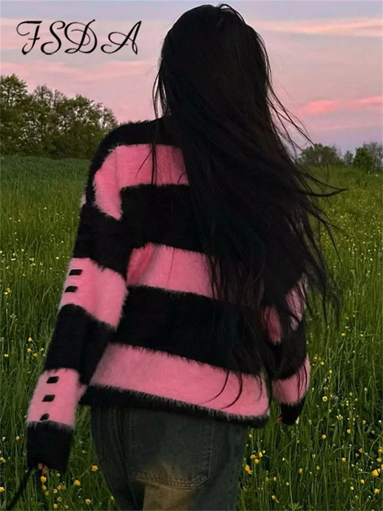 FSDA Полосатый вязаный свободный свитер с длинным рукавом, осенне-зимние женские пуловеры оверсайз Y2K, повседневная модная одежда 1