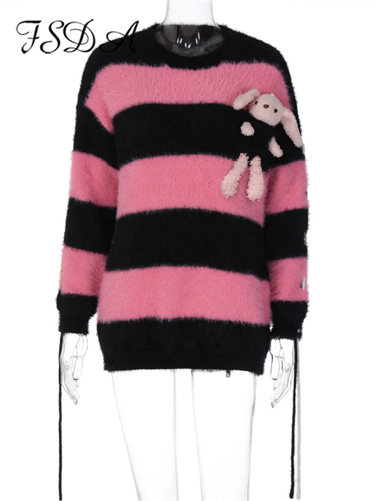 FSDA Полосатый вязаный свободный свитер с длинным рукавом, осенне-зимние женские пуловеры оверсайз Y2K, повседневная модная одежда 5