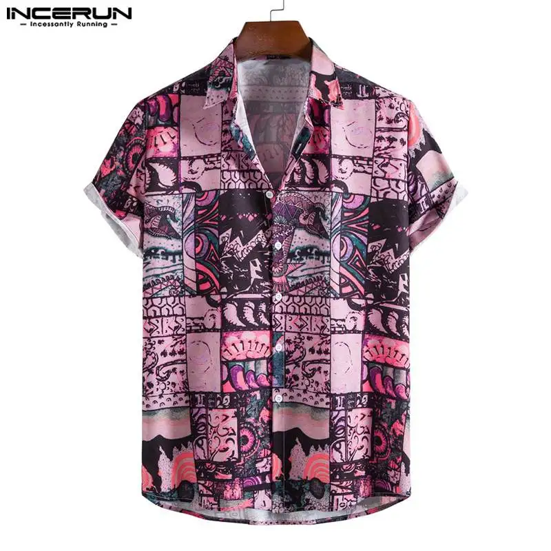 INCERUN Мужская повседневная рубашка с принтом Винтажный лацкан С коротким рукавом Мужская одежда в этническом стиле Уличная одежда для отдыха 2023 Гавайские рубашки 2