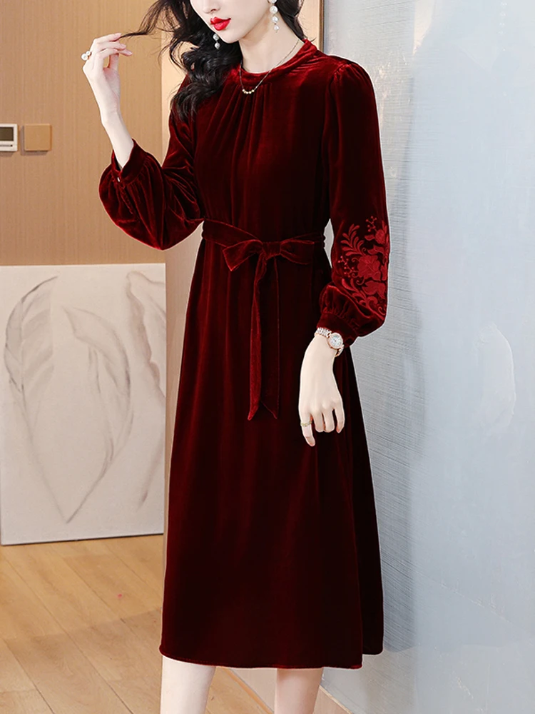NYFS 2023 Осеннее Новое Винтажное Женское Платье Vestidos Robe Ete Femme Elbise, Свободные Бархатные Платья С Шелковой Вышивкой и Длинным Рукавом L-5XL 2