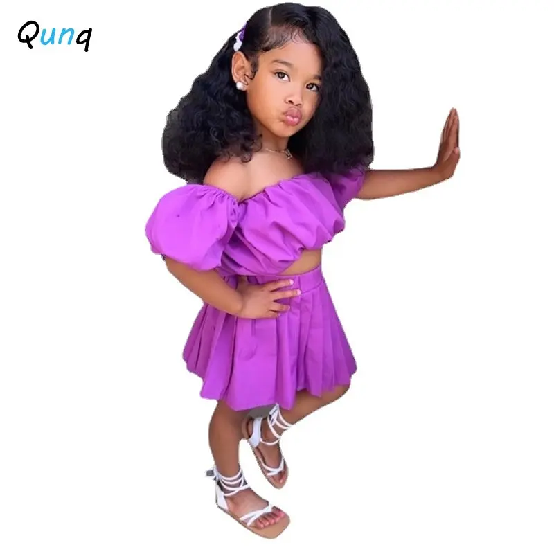 Qunq/ 2023, Летний Новый Укороченный топ с открытыми плечами и пышными рукавами для девочек + плиссированная юбка, Комплект из 2 предметов, Повседневная детская одежда от 3 до 8 лет 5