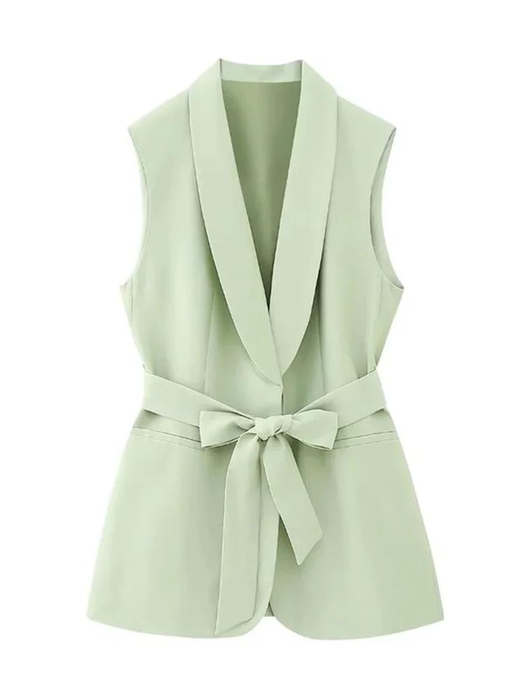 TRAF 2023, летние новые женские модные повседневные зеленые длинные блейзеры без рукавов с V-образным вырезом и брюки для костюмов 1