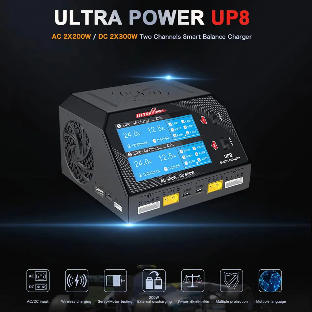 ULTRA POWER UP8 Двухканальный аккумулятор переменного тока мощностью 400 Вт, постоянного тока мощностью 600 Вт, зарядное устройство для балансировки аккумулятора, Разрядник 2