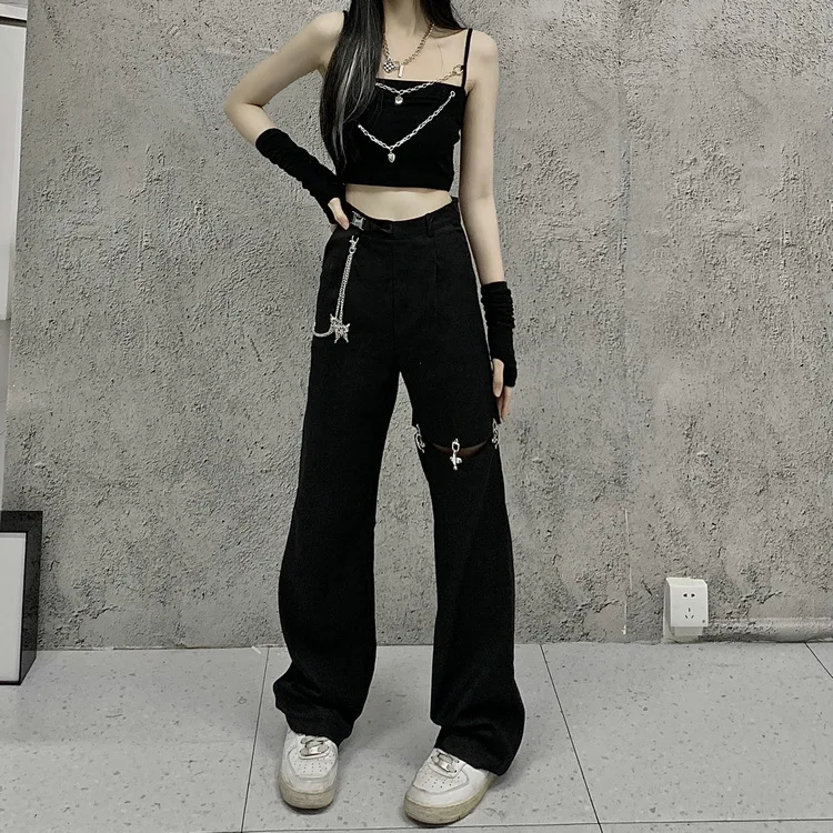 Yangelo, Съемные брюки с дырками в готическом стиле, женский комбинезон в стиле панк Ретро Хип-хоп с высокой талией, клубная одежда Y2K 4