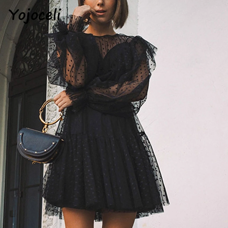 Yojoceli sexy party club, черное сетчатое кружевное платье, женский комплект из двух предметов с оборками в горошек, 2018 женское платье vestidos 0