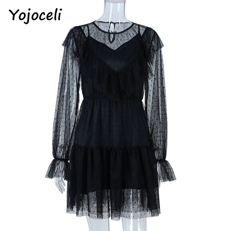 Yojoceli sexy party club, черное сетчатое кружевное платье, женский комплект из двух предметов с оборками в горошек, 2018 женское платье vestidos 3
