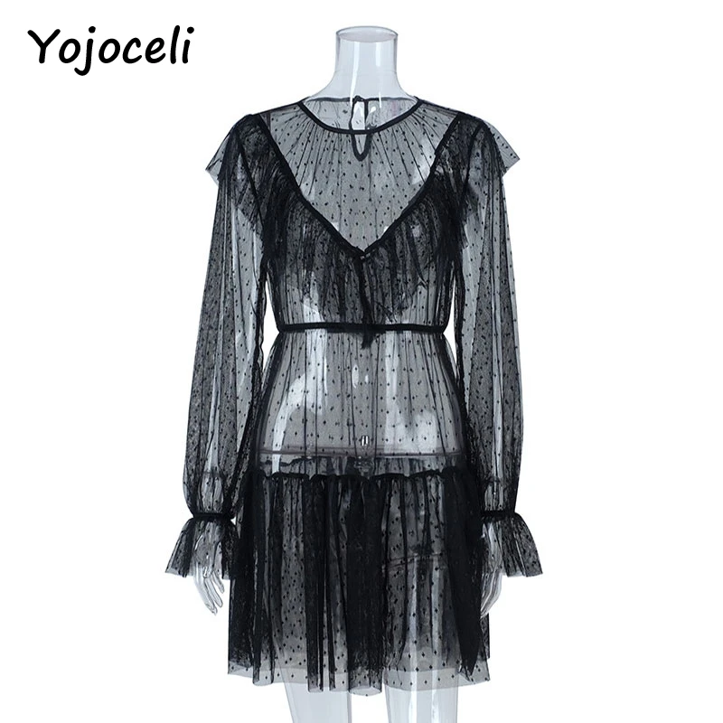 Yojoceli sexy party club, черное сетчатое кружевное платье, женский комплект из двух предметов с оборками в горошек, 2018 женское платье vestidos 4